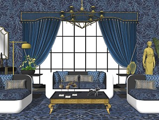 美式风格休闲客厅 沙发桌椅  室内盆栽摆件 窗帘